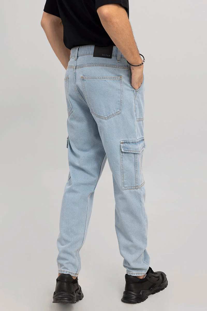 Snitch Light Blue Hip Hop Ice Blue Baggy Cargo Jeans for Men | Best Price UAE
